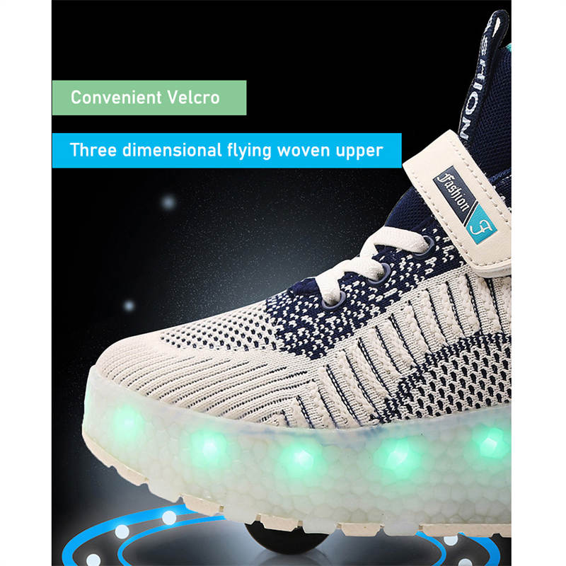 Children Double Wheels Roller Skate Shoes LED Lamp Sneakers-Black