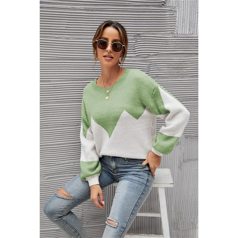 Womens Color Block Loose Knit Pullover Sweater Lantern Sleeve-Green