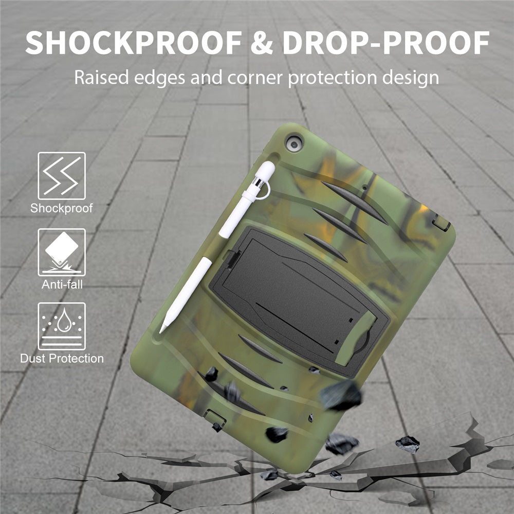 Shock Wave Kickstand Case Anti-Fall Protection With Pencil Holder+Cap For New iPad 7 10.2inch(2019)-Camouflage