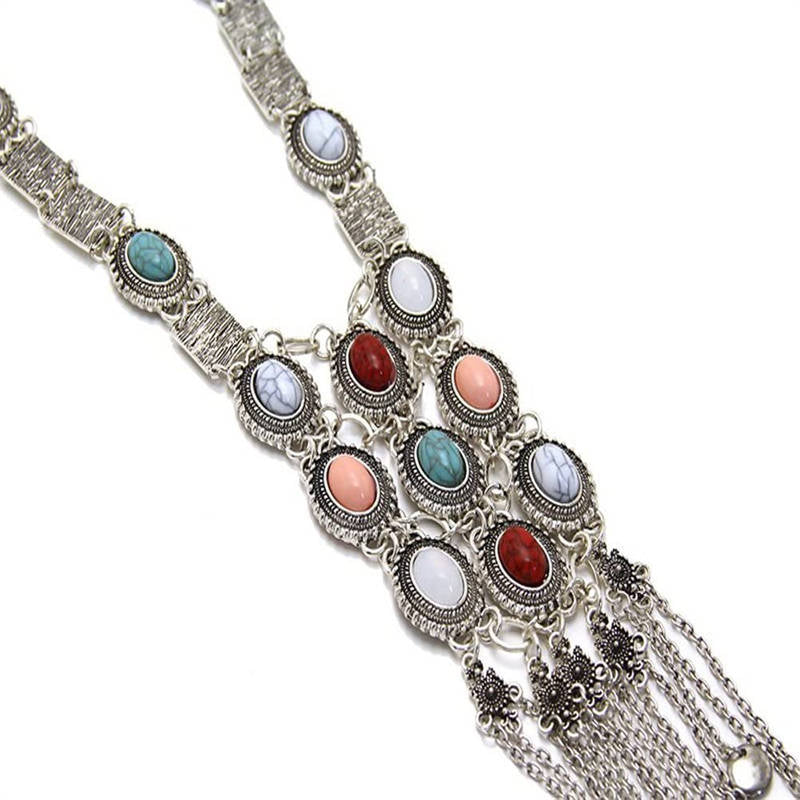 Turquoise Rhinestone Long Tassel Necklace for Women Silver