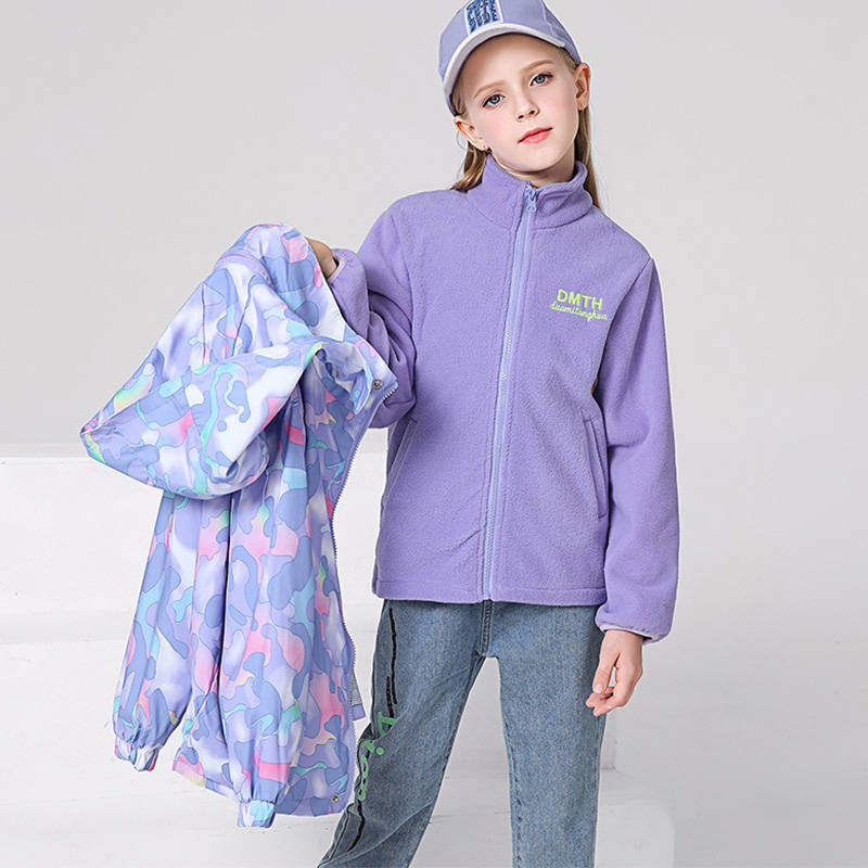 Girls Outdoor Jacket Floral Fleece Removable Light Windproof with Hood-Purple
