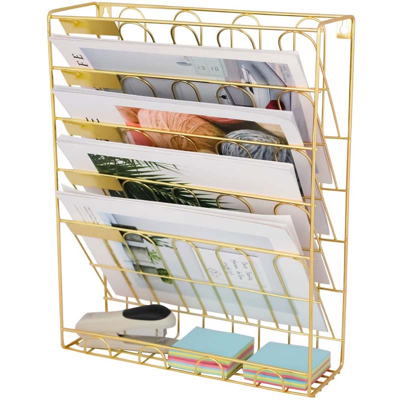 Hanging File Organizer6 Tier Wall Mount Document Letter Tray File Organizer for Home and Office -Gold