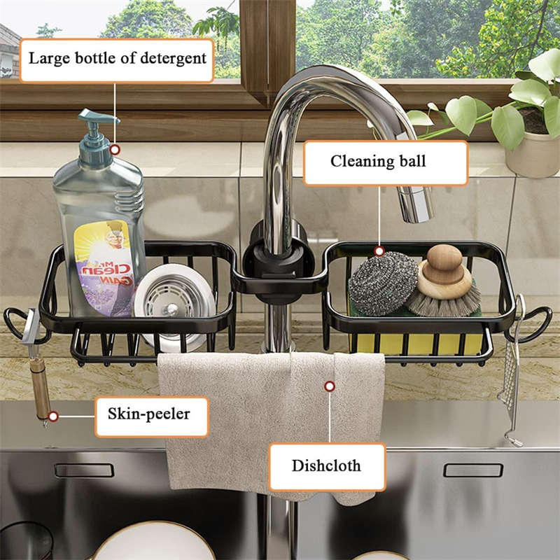 Faucet Sponge Holder Rustproof Sink Caddy for Dishcloth-Black with Rod