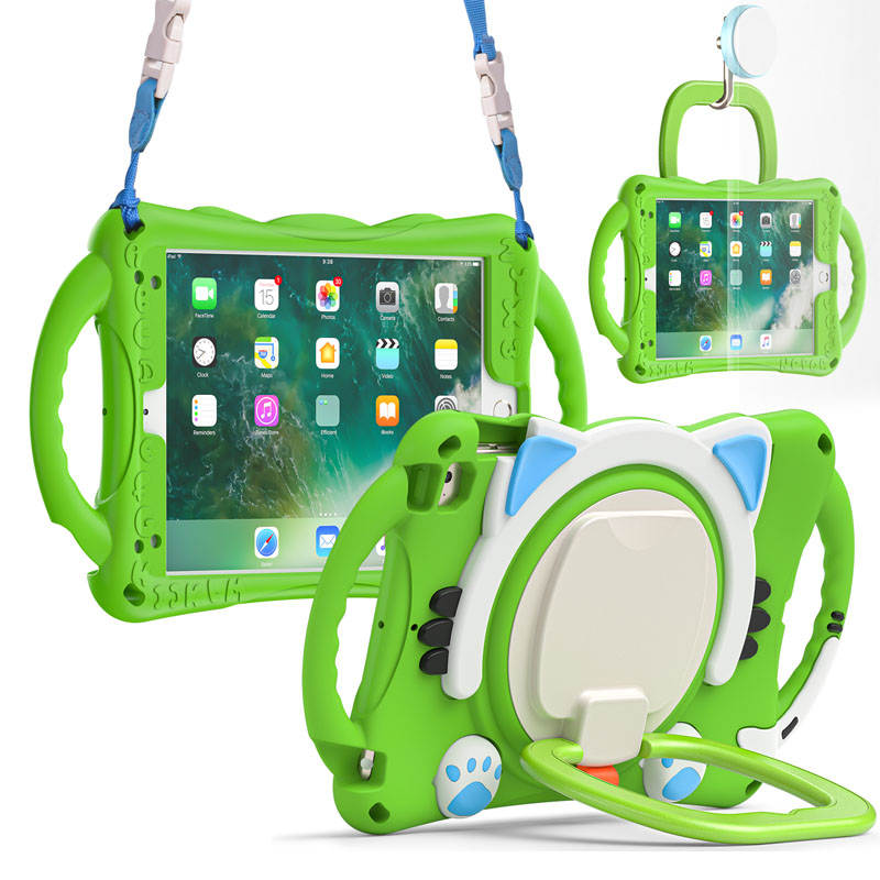 CatB Silicone Case For iPad Mini 5 4 3 2 1 Shockproof Shoulder Strap Handle Stand-Green
