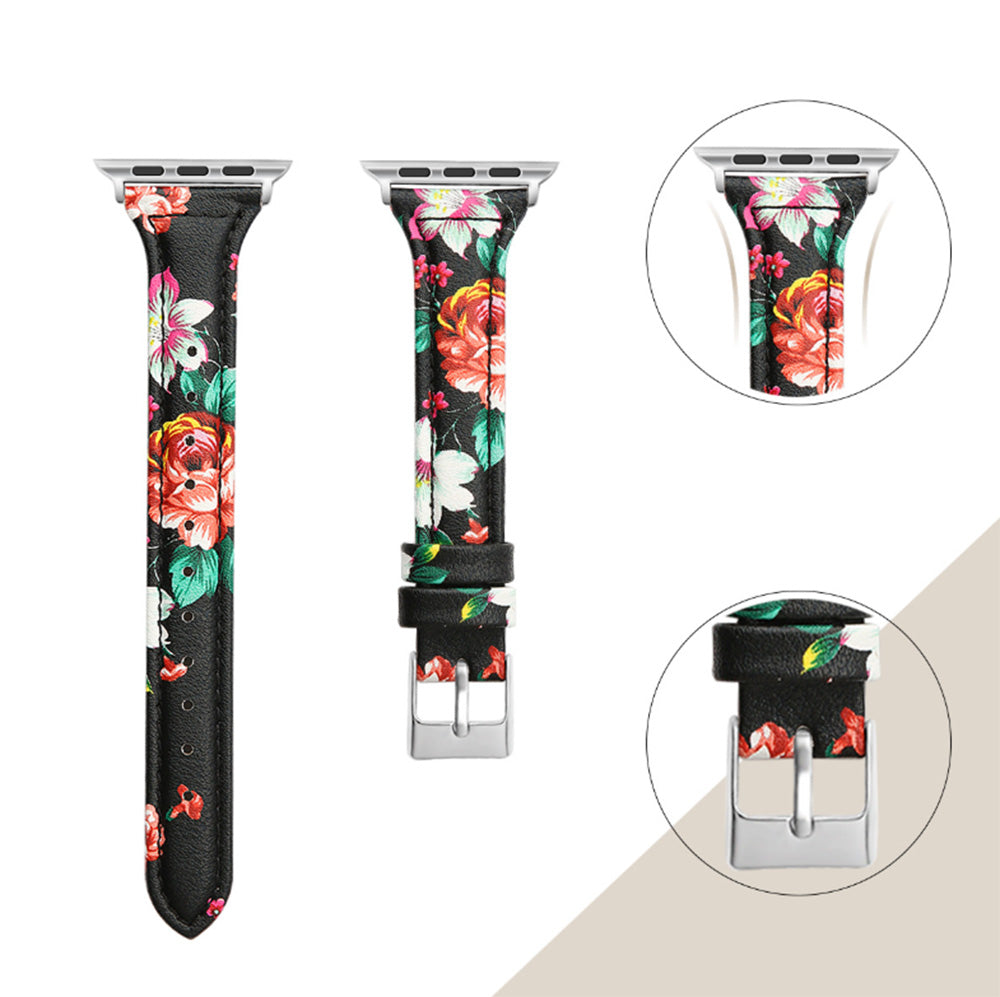 Slim Flower Printed Leather Watch Band For Apple Watch SE/6/5/4/3/2/1(Red Flower)
