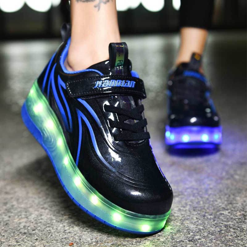 Double Wheel Roller Skate Shoes Light Up Sneakers for Boys Girls-Black Blue