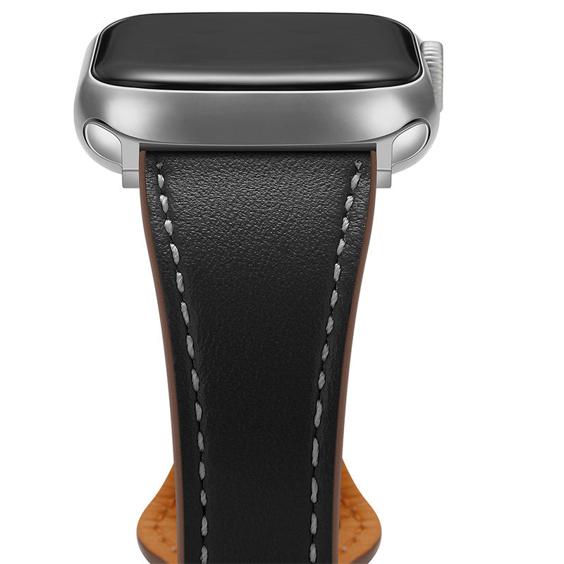 Apple Watch Strap Solid Color Leather for iWatch Series 7/SE/6/5/4/3/2/1-Black