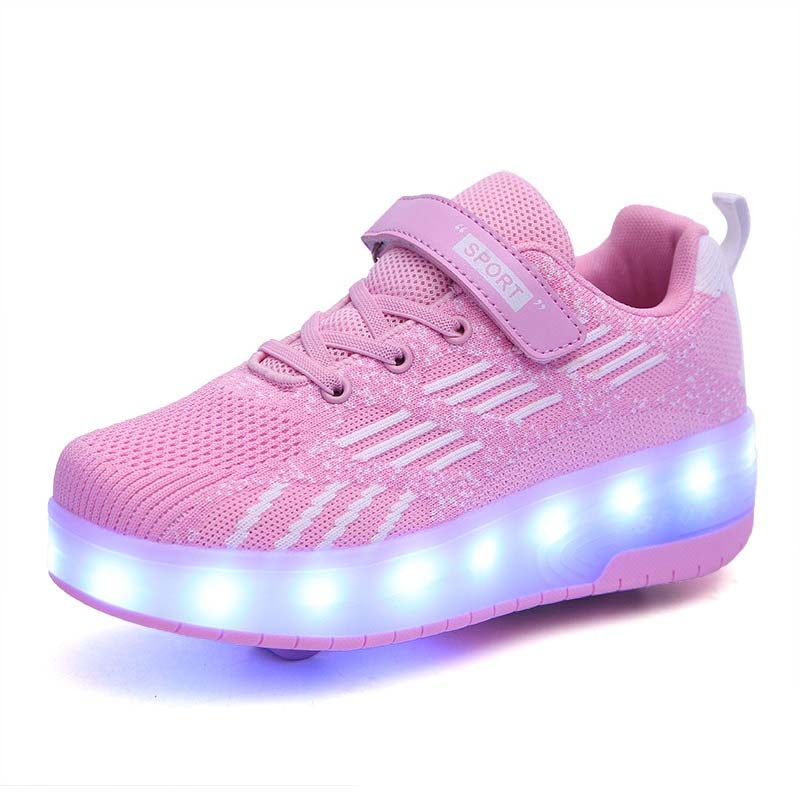 Kids LED Rechargeable Roller Skate Shoes with Double Wheel-Pink