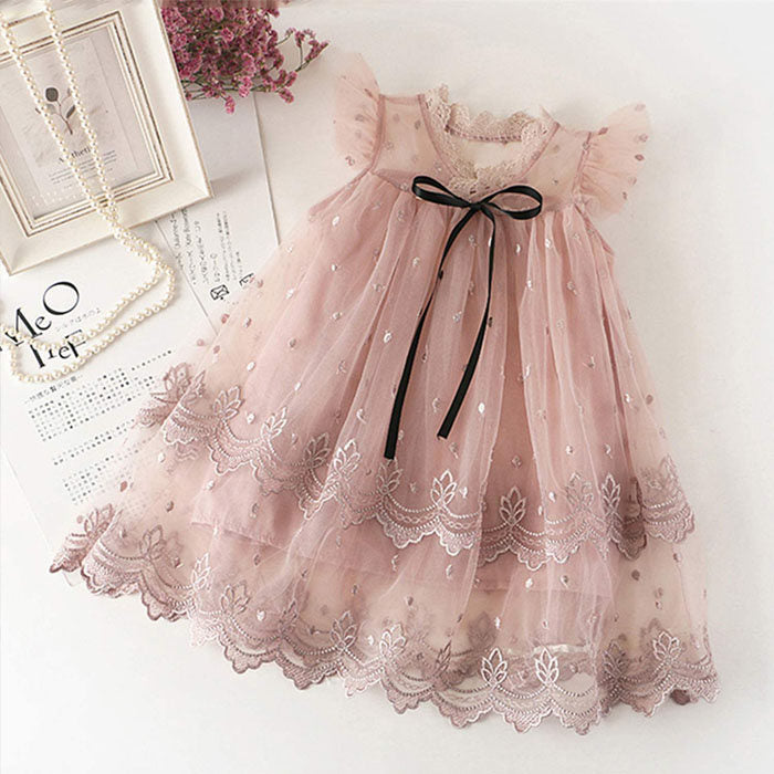 Flower Girls Wedding Dress Lace Sleeveless Tulle Summer Vintage Dresses-Pink