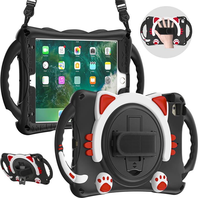 CatA iPad Silicone Case For iPad Mini 5 4 3 2 1 Built-in Handle Stand With a Strap-Black Red