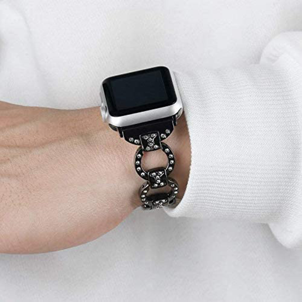 Adjustable Metal Watch Band With Diamonds For Apple Watch SE/6/5/4/3/2/1(Black)