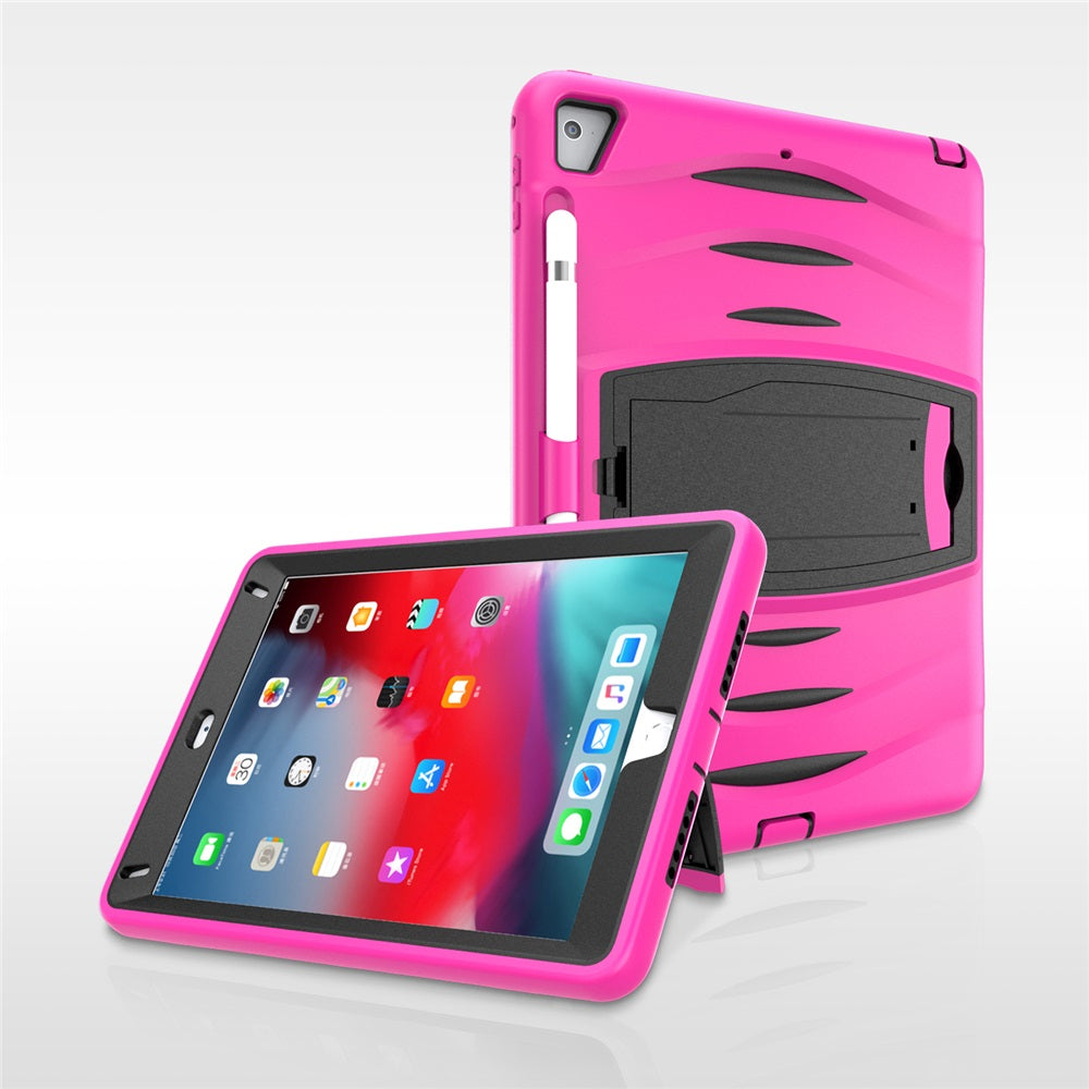 Shock Wave Kickstand Case Anti-Fall Protection With Pencil Holder For 9.7inch iPad 5/iPad 6/iPad Air2/iPad Pro9.7-Rose Red