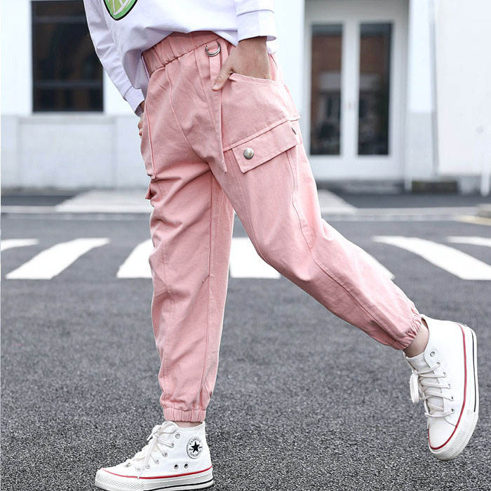 Girls Joggers Long Pants Pockets Outdoor Casual Trousers Iron Ring-Pink