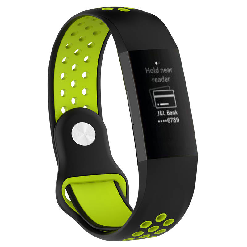 Double Color Porous Breathable Watch Band Silicone Wristband For Fitbit Charge 3 Sport Smartwatch -Black Lime
