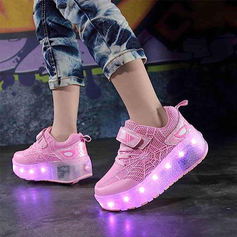Double Wheel Roller Skate Shoes Light Up Sneakers for Boys Girls-Pink