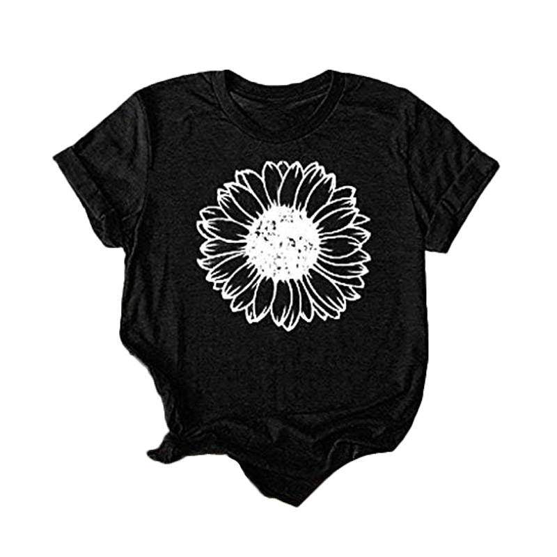 Womens Sunflower Summer Short Sleeve T-shirt Loose Casual Top-Black