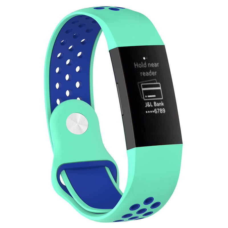 Double Color Porous Breathable Watch Band Silicone Wristband For Fitbit Charge 3 Sport Smartwatch -Teal Blue
