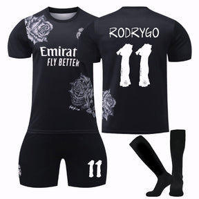 RODRYGO #11 Real Madrid CF Y3 Black Soccer Jersey Kit Football T-shirt Set for Adult Kids