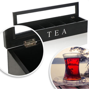 Tea Box Wooden with 6 Compartments for Tea Bags/ Small Items-Black