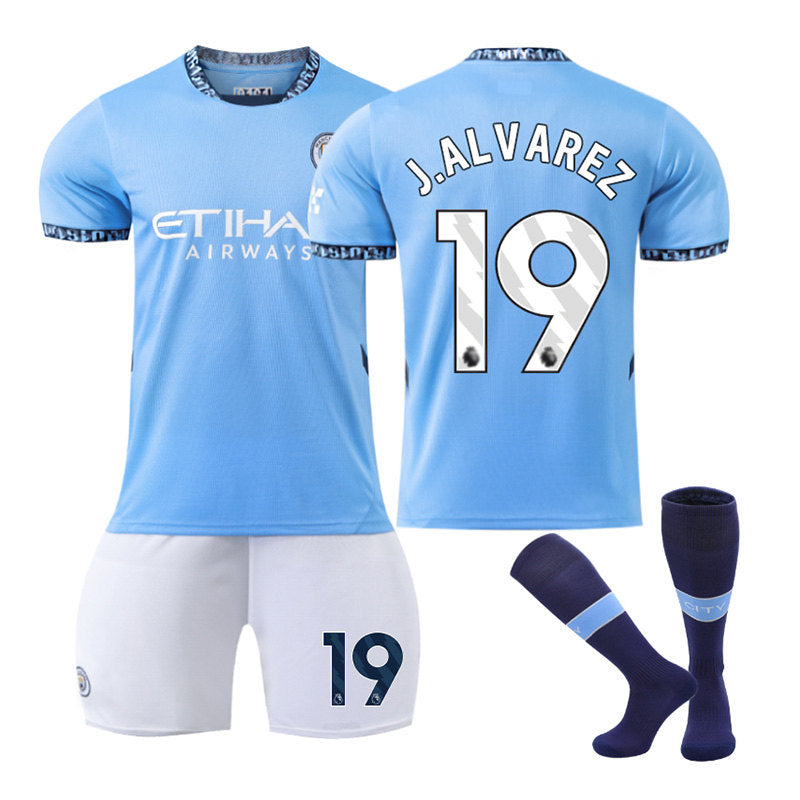 J.ALVAREZ #19 Manchester City Club Home Jersey Soccer Jersey Kit Football T-shirt Set for Adult Kids