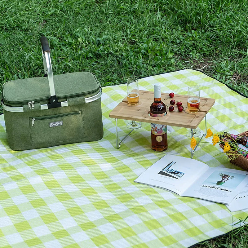 Foldable Waterproof Picnic Blanket for Outdoors with Luxury PU Leather Carrier Large 3 Layered Picnic Rug Mat - Green Gingham