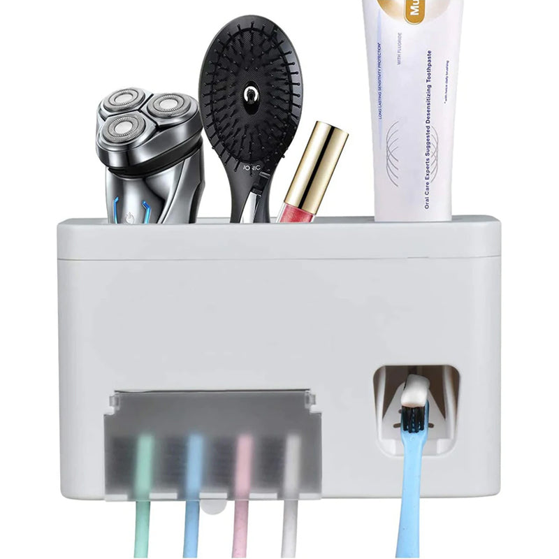 3-in-1 Wall Mounted Toothpaste Dispenser + Toothbrush Holder + Toothpaste Squeezer with Storage Grids Set in Bathroom