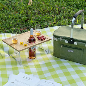 Foldable Waterproof Picnic Blanket for Outdoors with Luxury PU Leather Carrier Large 3 Layered Picnic Rug Mat - Green Gingham