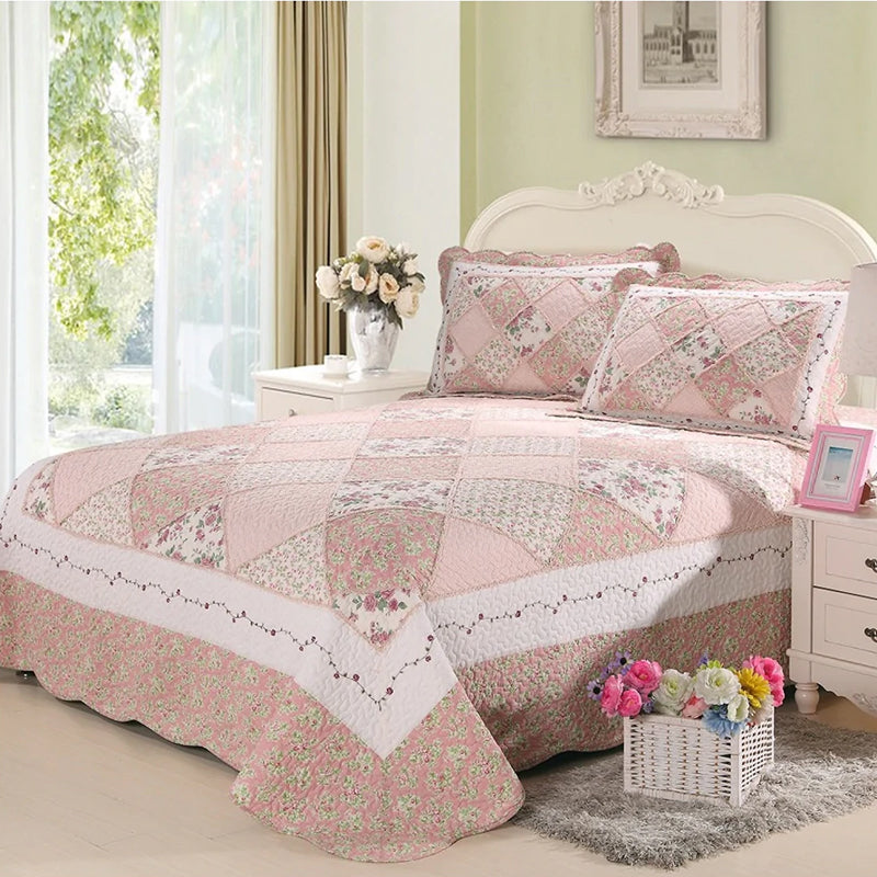 Luxury Quilted 100% Cotton Coverlet Bedspread Set Patchwork Quilt Queen King Size Bed 230x250cm Pink