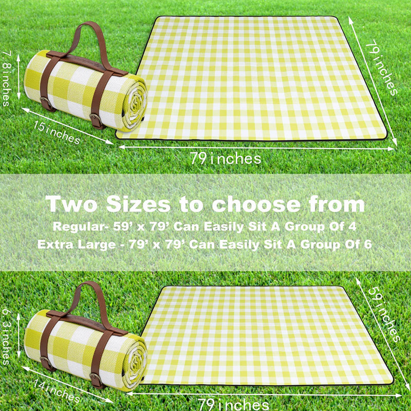 Foldable Waterproof Picnic Blanket for Outdoors with Luxury PU Leather Carrier Large 3 Layered Picnic Rug Mat - Green Gingham