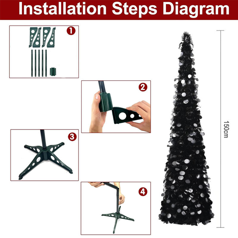 5 Ft Black Artificial Halloween Tree Pop Up Tinsel Christmas Tree with Round Sequin for Indoor Outdoor Home Party