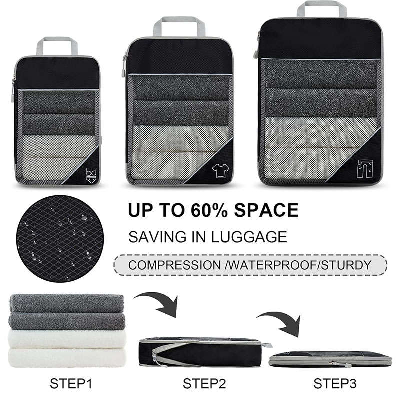 6 Pcs Compression Packing Cubes Expandable Organiser for Travel-Black