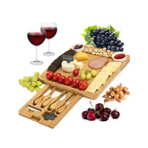 Natural Bamboo Cheese Board & Cutlery Set with Slide-Out Drawer and Knife Charcuterie Platter & Serving Tray