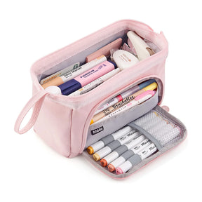 Pencil Case Teenager Pencil Case 3 Compartments Large Capacity -Pink