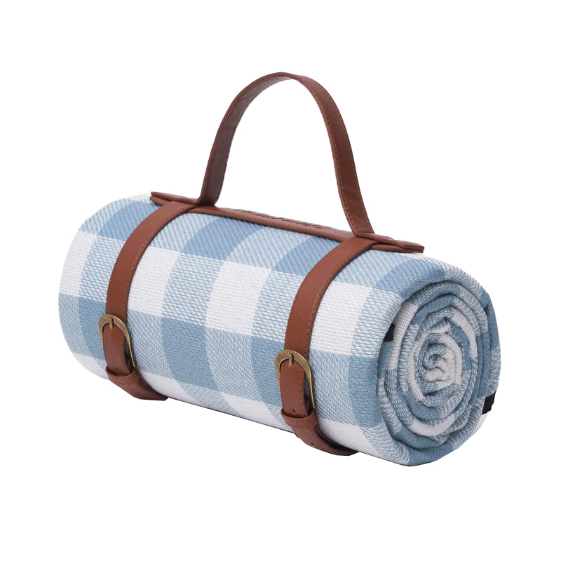 Foldable Waterproof Picnic Blanket for Outdoors with Luxury PU Leather Carrier Large 3 Layered Picnic Rug Mat - Blue Gingham