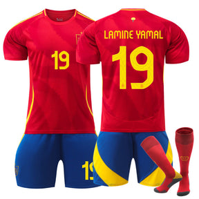 LAMINE YAMAL #19 Spain Home Jersey Soccer Jersey Kit Football T-shirt Set for Adult Kids