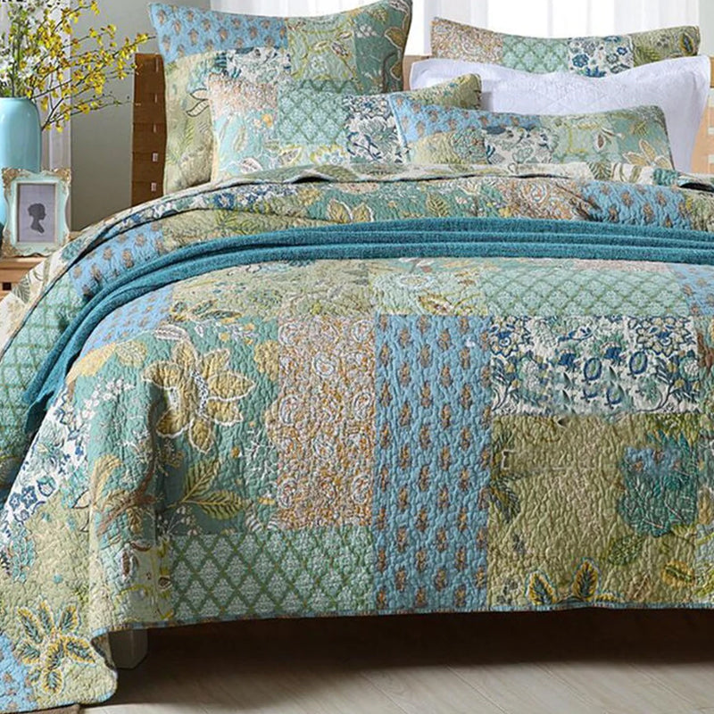 Luxury Quilted 100% Cotton Coverlet Bedspread Set Patchwork Quilt King Super King Size Bed 245x270cm Green