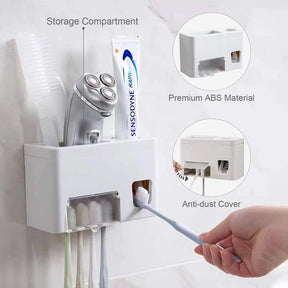 3-in-1 Wall Mounted Toothpaste Dispenser + Toothbrush Holder + Toothpaste Squeezer with Storage Grids Set in Bathroom