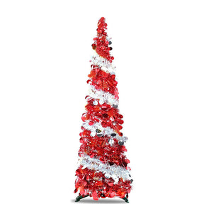 5Ft Prelit Christmas Tree Pop Up Pencil Tree Lightweight Easy to Store Holiday Xmas Party Decorations-RedWhite