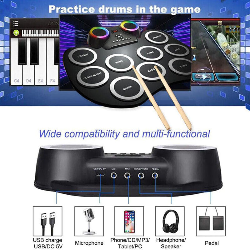 Portable Hand Roll Electronic Drum with Colorful Lights for Beginner-Black White