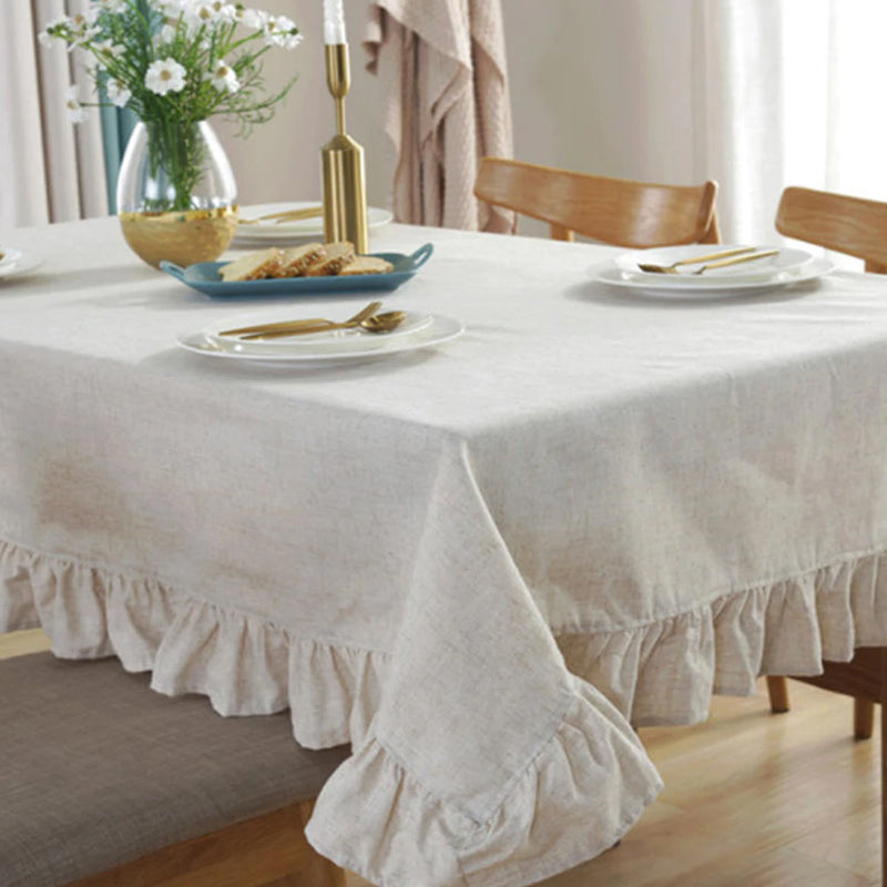 Vintage Ruffle Tablecloth Cotton Linen Home Decoration-Beige