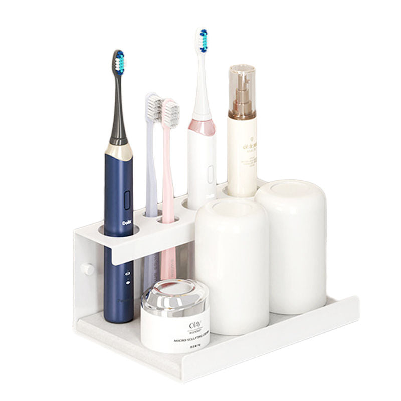 Electric Toothbrush Holder Self Adhesive 4 Slots with Diatomite Dish-White
