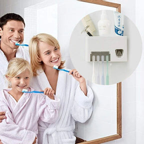 3-in-1 Wall Mounted Toothpaste Dispenser + Toothbrush Holder + Toothpaste Squeezer with Storage Grids Set in Bathroom