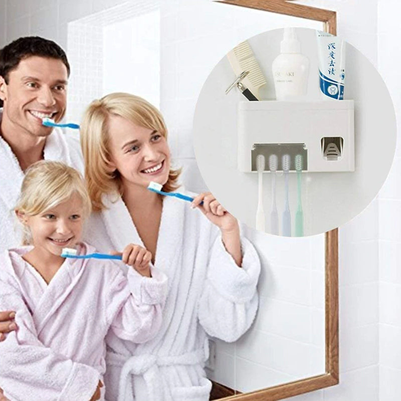 3-in-1 Wall Mounted Toothpaste Dispenser + Toothbrush Holder + Toothpaste Squeezer with Storage Grids Set in Bathroom