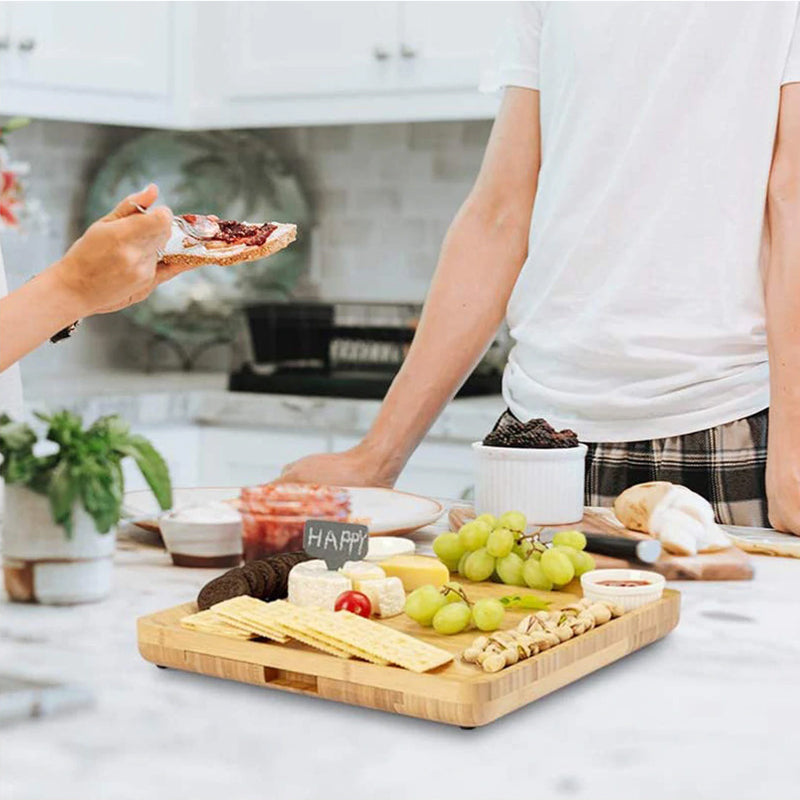 Natural Bamboo Cheese Board & Cutlery Set with Slide-Out Drawer and Knife Charcuterie Platter & Serving Tray