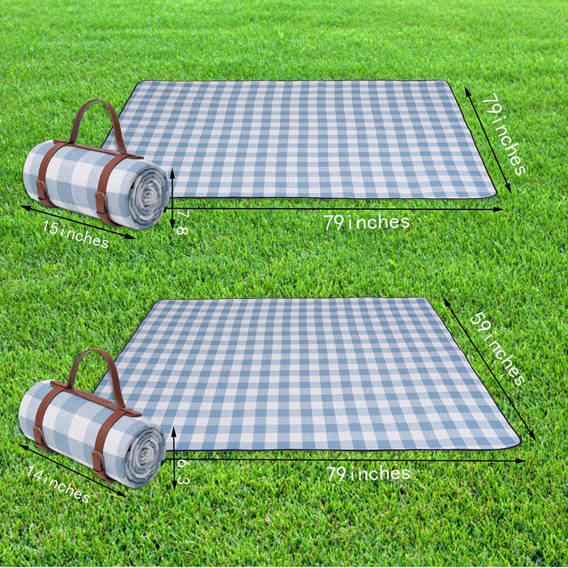 Foldable Waterproof Picnic Blanket for Outdoors with Luxury PU Leather Carrier Large 3 Layered Picnic Rug Mat - Blue Gingham