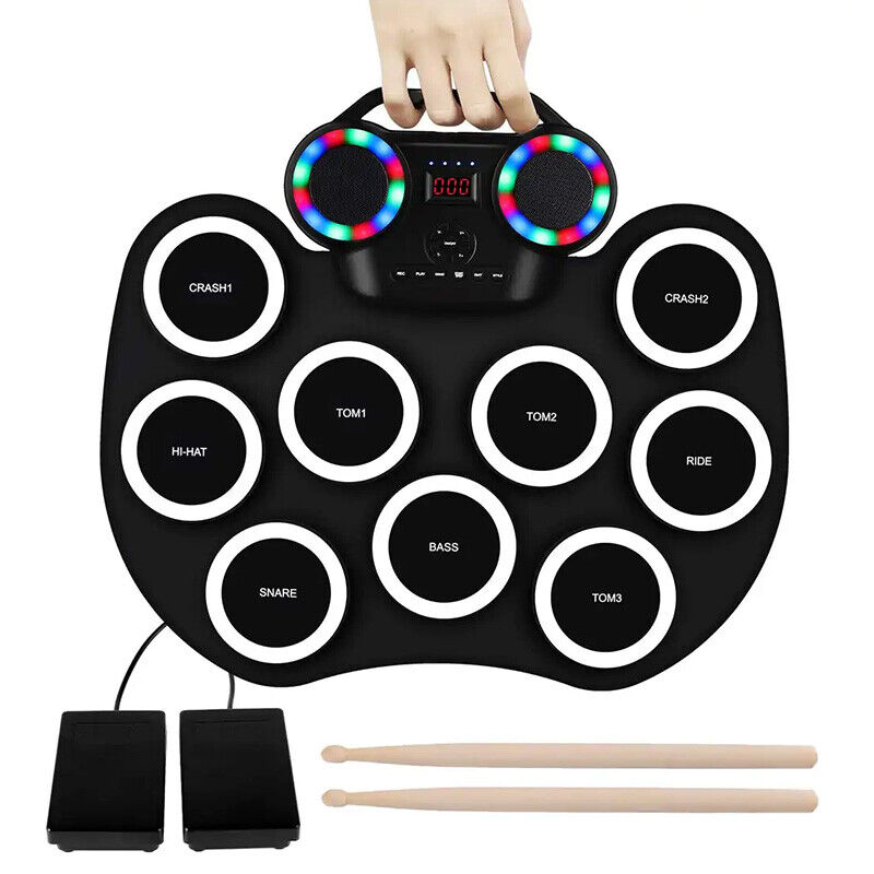 9 Pad Electronic Roll Up Drum Kit Flashing Bluetooth Electric Hand Roll Drum AU