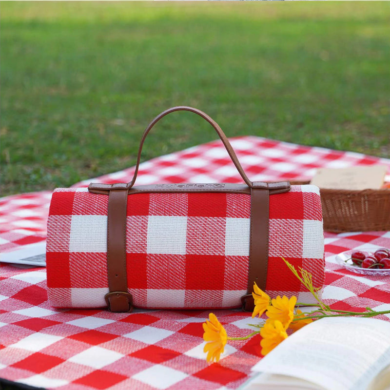 Foldable Waterproof Picnic Blanket for Outdoors with Luxury PU Leather Carrier, Large 3 Layered Picnic Rug Picnic Mat - Red