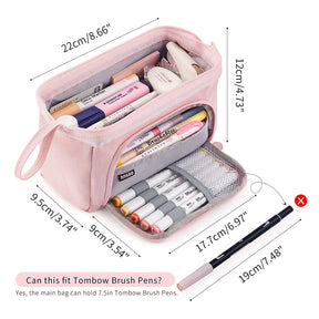 Pencil Case Teenager Pencil Case 3 Compartments Large Capacity -Pink