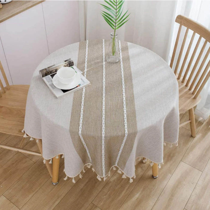 Stitching Tassel Table Cloth Kitchen Decoration Round Dustproof Tablecloth-Coffee