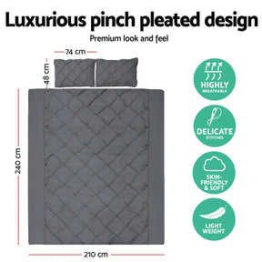 Giselle Bedding Pinch Pleat Diamond Duvet Doona Quilt Cover Set King Charcoal